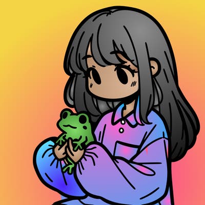 girl with long hair and a oversized shirt. and she is holding a frog