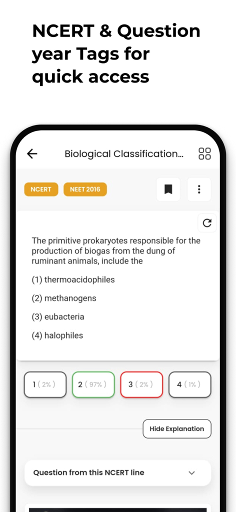 NEETprep Essential - NEETprep Essential mobile app screen showing a biology practice question with tags for NCERT and previous NEET exam years