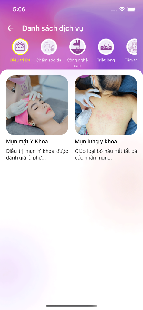 LG Clinic app interface showing medical skincare services including facial and back acne treatments