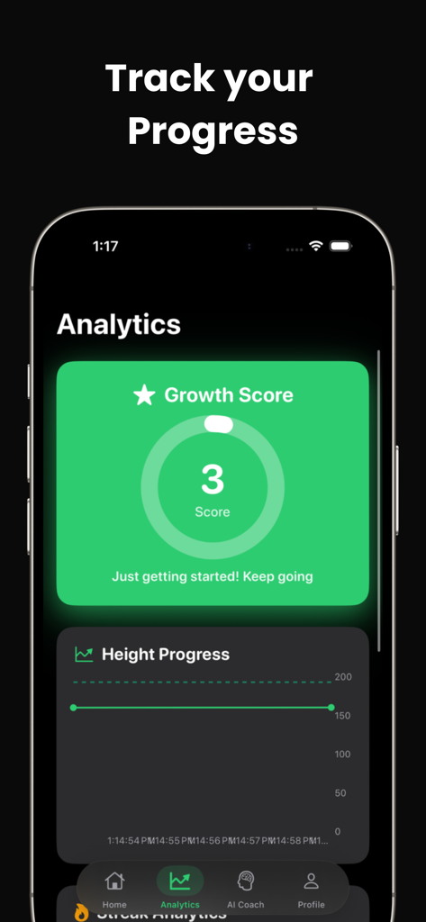Mobile app screen showing height growth score and progress tracking chart