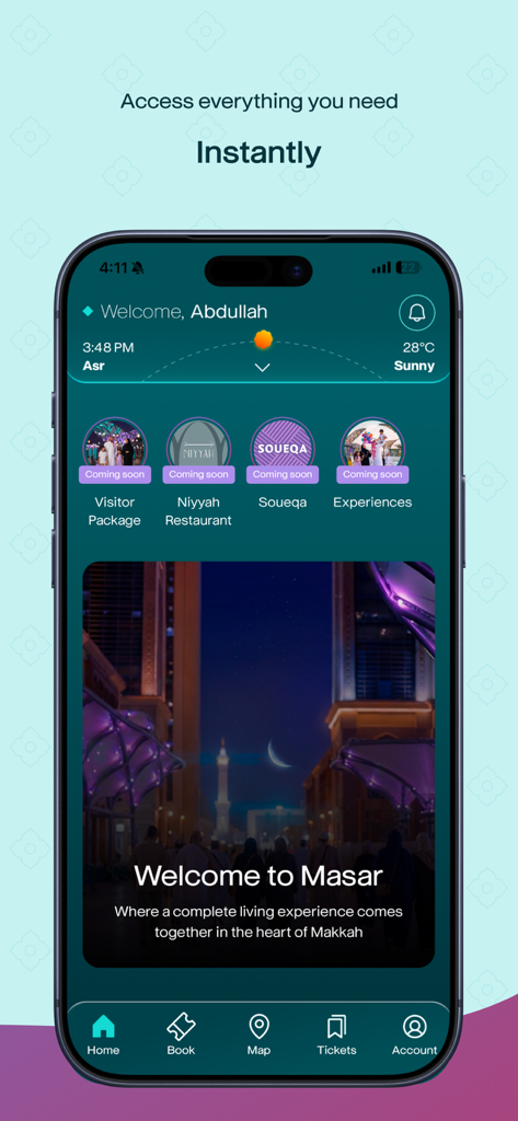 Visit Masar - La pantalla de inicio de la aplicación Visita Masar para peregrinos de La Meca mostrando servicios de navegación y viaje