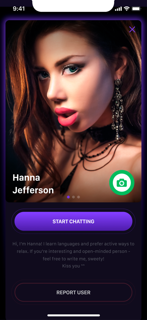 User profile of Hanna Jefferson on the 18+ Flirt Chat app with a start chatting button
