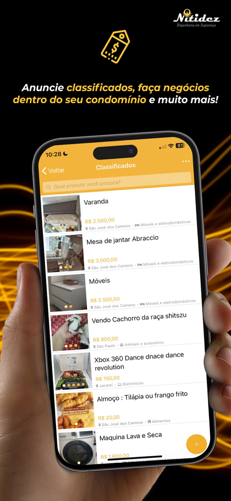 Tela de smartphone do aplicativo Nitidez mostrando um marketplace de classificados da comunidade para moradores