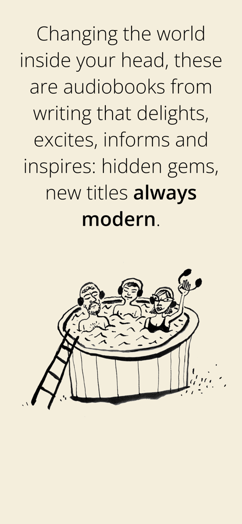 Spiracle Player - An illustration of people in a hot tub wearing headphones with text about modern literary audiobooks