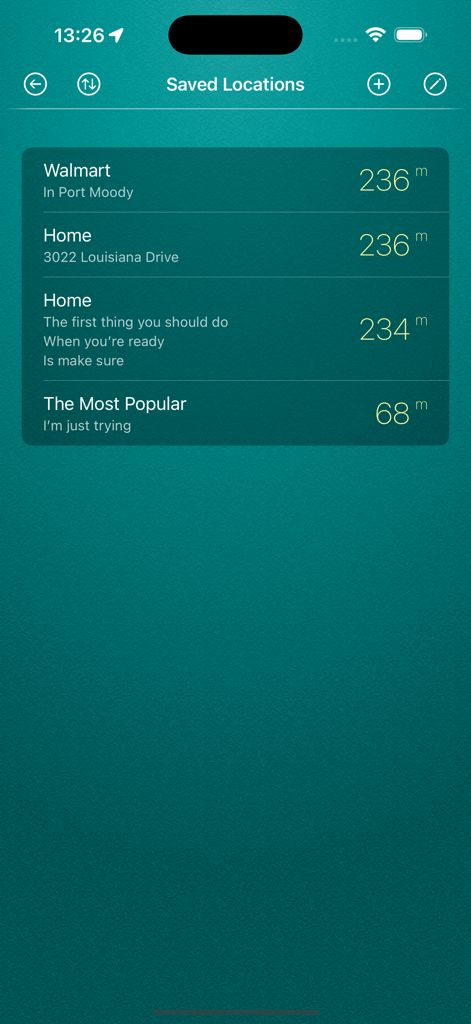 The saved locations screen of the My Altitude app showing a list of places with their recorded elevation in meters.