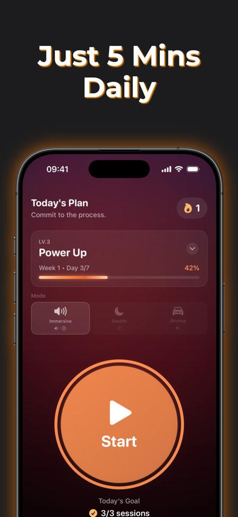 Kegel Men: Pelvic Floor PFM - Kegel Men app interface showing a daily 5-minute pelvic floor exercise plan with a start button and training modes.