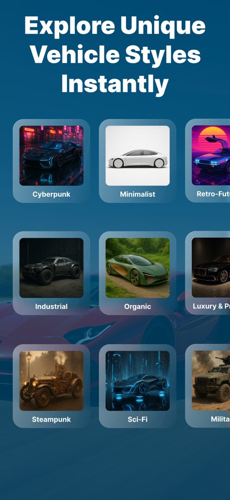 AI Car Tuning Designer Tool - A menu showing various AI generated vehicle design styles including Cyberpunk Steampunk and Sci-Fi
