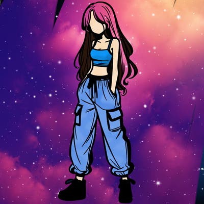 girl in baggy pants crop top and long hair