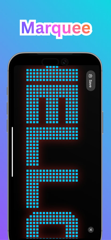 LED Banner App. - Smartphone displaying the word HELLO in a blue LED scroller format