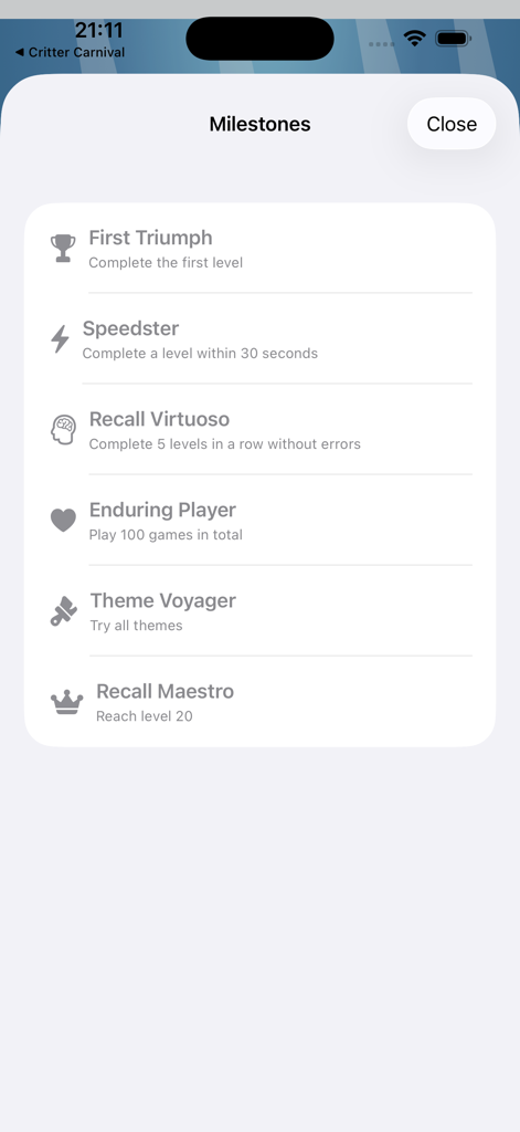 LagomorphMatch - LagomorphMatch app milestones screen listing player achievements and challenges like Speedster and Recall Maestro.