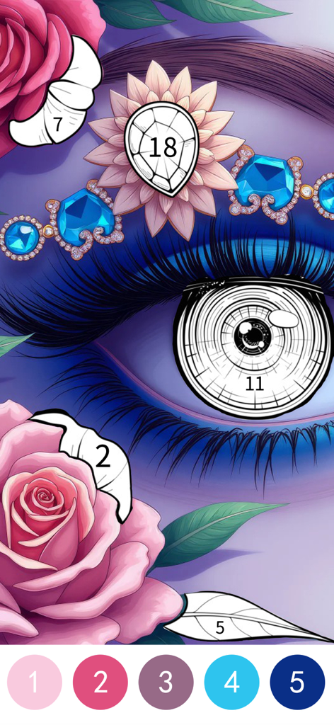 Uma página de colorir digital detalhada de olho de princesa e coroa floral com seções numeradas e uma paleta de cores na parte inferior