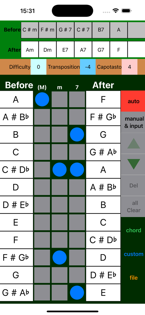 Guitar Chord Changer - Interface of Guitar Chord Changer app showing chord transposition and capo position