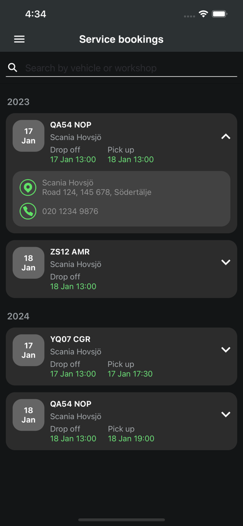 Scania Fleet - Interface of Scania Fleet app showing a chronological list of vehicle service bookings including drop-off and pick-up times