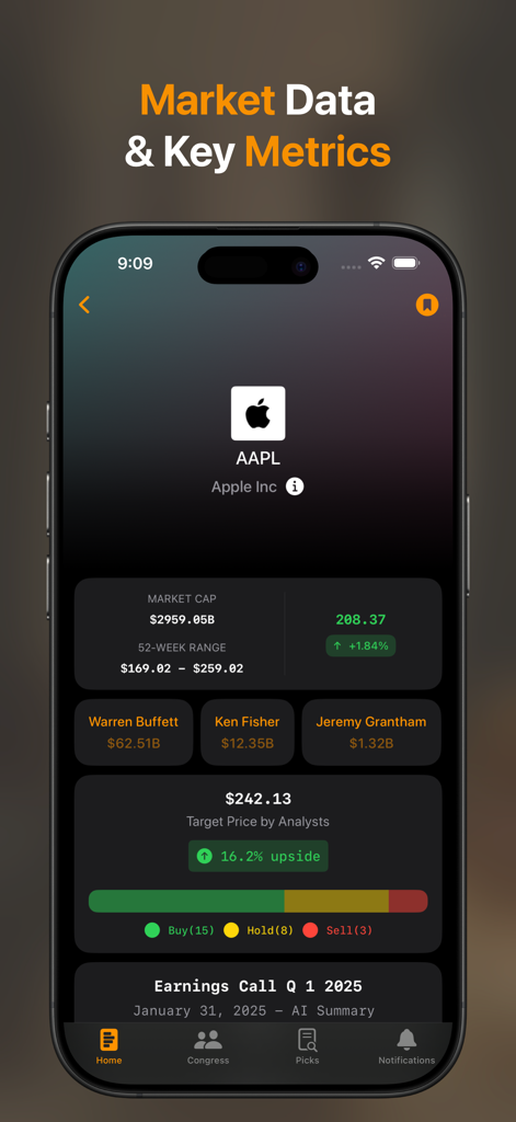 Stock Insider: Track Trades - Captura de pantalla de la aplicación Stock Insider que muestra datos de mercado y calificaciones de analistas para las acciones de Apple