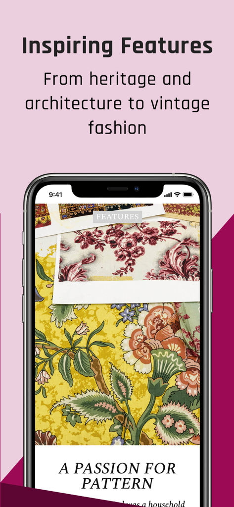 Homes & Antiques Magazine - A smartphone screen showing an article titled A Passion for Pattern with vintage floral fabric designs from the Homes and Antiques Magazine app.