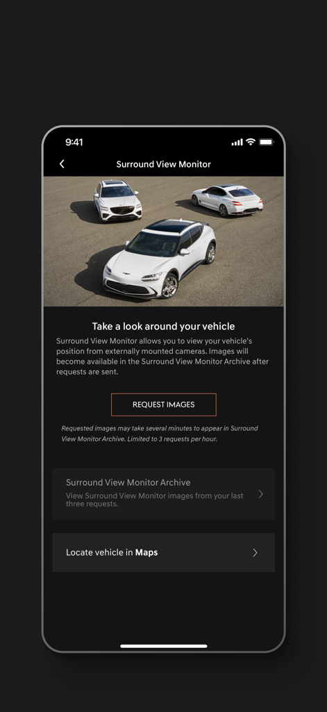 Genesis Intelligent Assistant - Genesis Intelligent Assistant app showing the Surround View Monitor feature to request external camera images of the vehicle