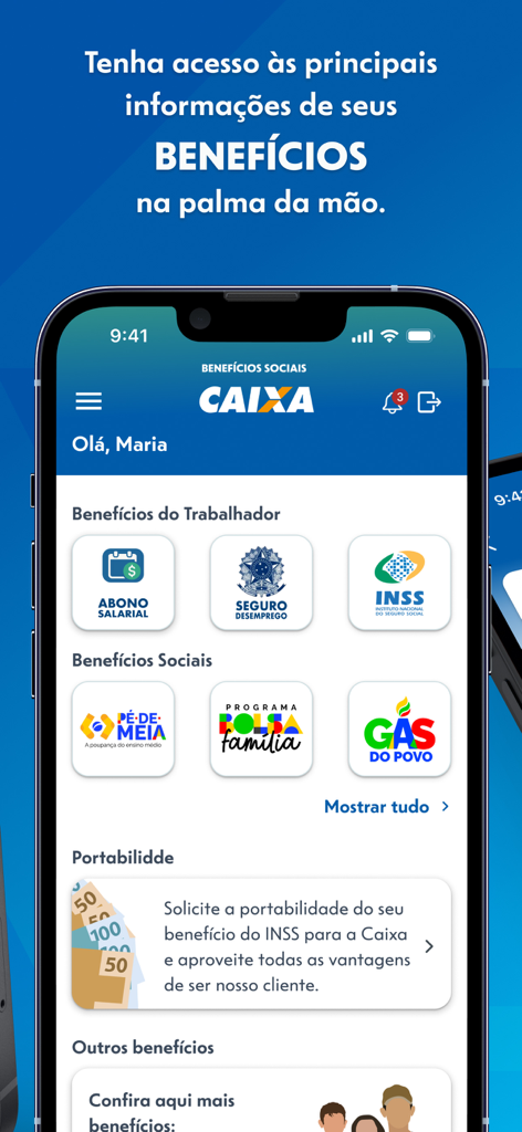 Benefícios Sociais CAIXA - Main dashboard of the Beneficios Sociais CAIXA mobile app showing icons for social benefits like Bolsa Familia and INSS