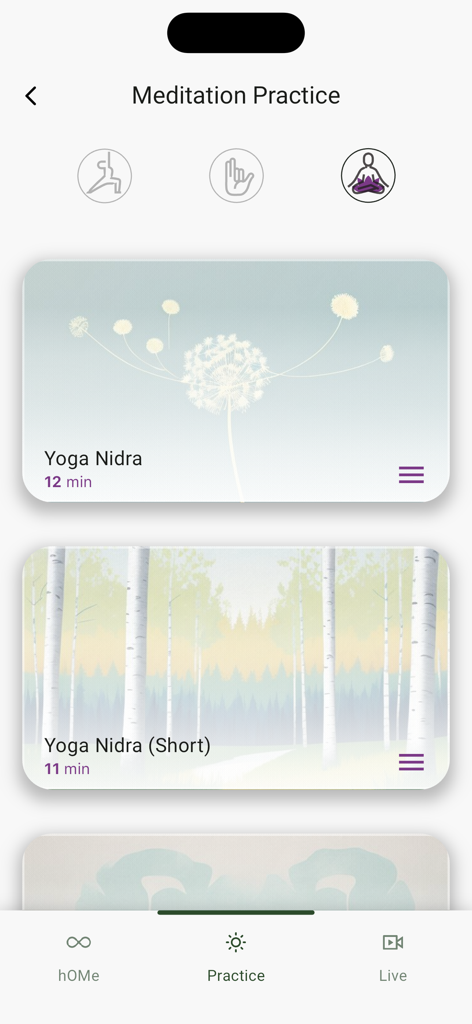 Ashtanga Yoga Home - Meditation practice screen showing Yoga Nidra sessions with calming nature backgrounds