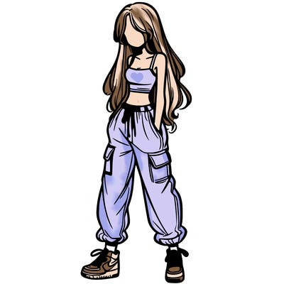 girl in baggy pants crop top and long hair