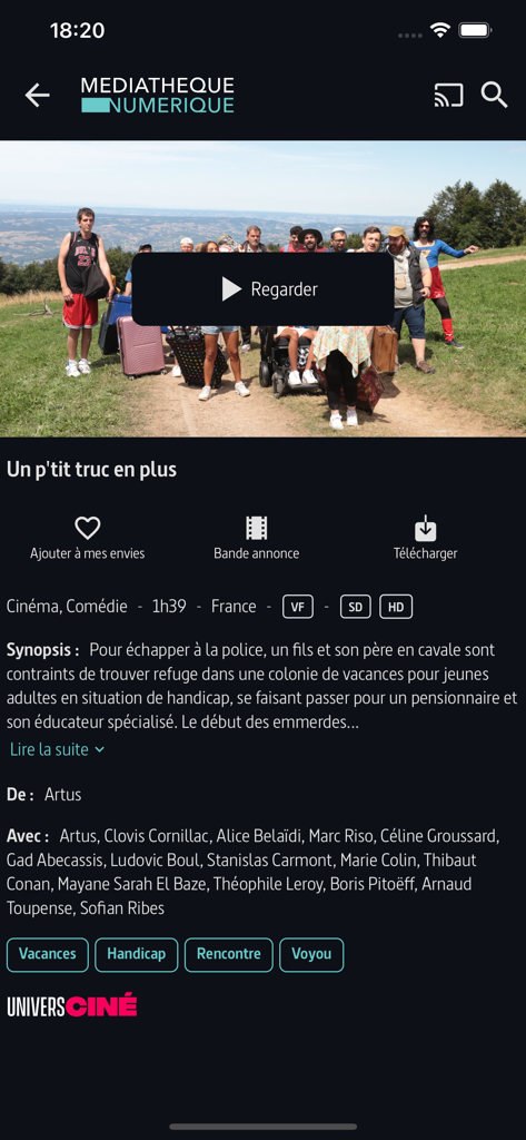 Movie details screen for the film Un p tit truc en plus on the Mediatheque Numerique mobile application