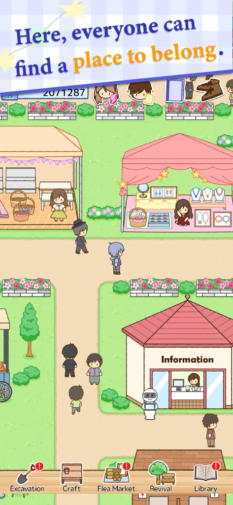 Treasure Flea Market: Cozy Sim - Treasure Flea Market Cozy Sim の賑やかなフリーマーケットのシーンで、屋台とかわいいキャラクターが表示されています。