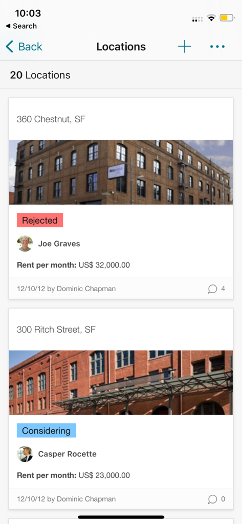 Pantalla de la aplicación Podio que muestra listados de propiedades inmobiliarias con precios de alquiler y actualizaciones del estado del proyecto