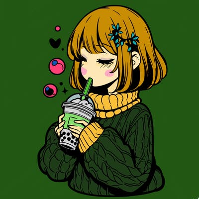 manga girl drinking boba in cozy sweater