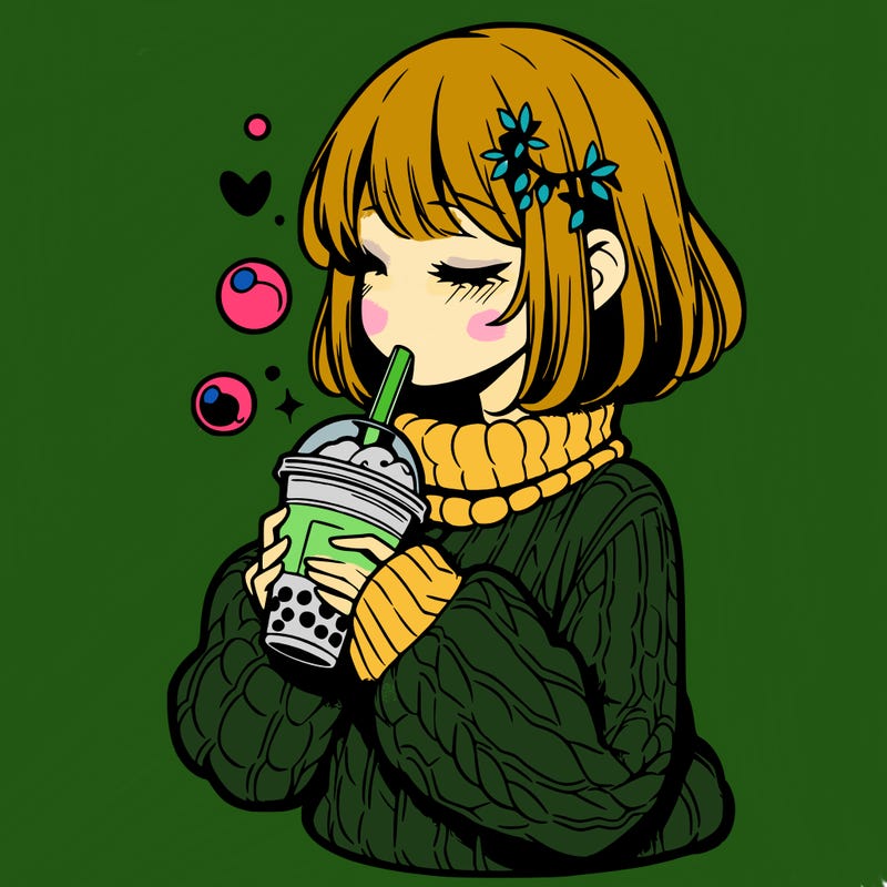 manga girl drinking boba in cozy sweater