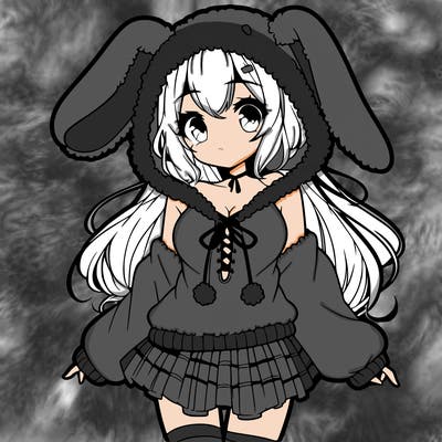 pretty anime girl wearing a fluffy hoodie with bunny ears on the hood and a skirt