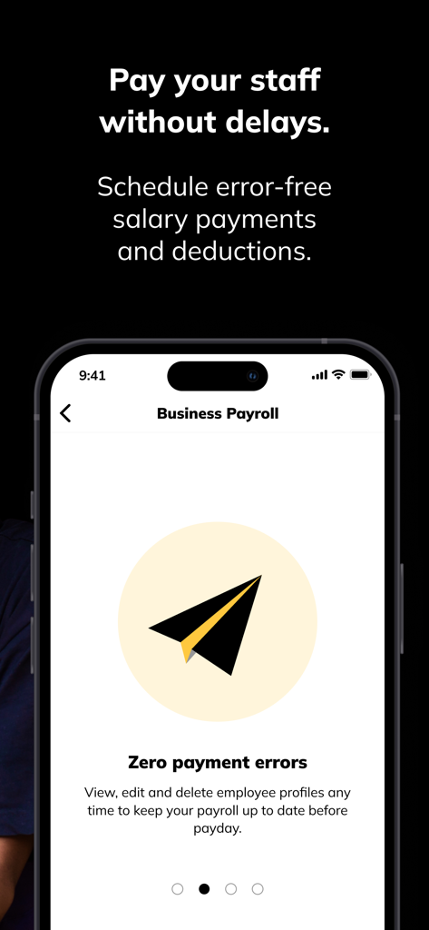 Interface of the Kuda Business app showing the business payroll management screen for scheduling salary payments.
