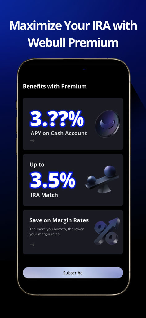 Webull: Investing & Trading - Webull Premium app screen highlighting 3.5 percent IRA match and high APY on cash accounts