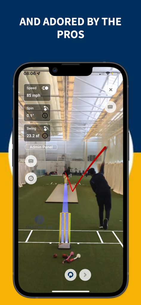 Fulltrack AI cricket app interface tracking ball speed and trajectory during a practice session