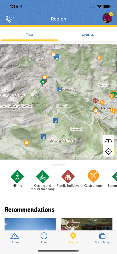Serfaus-Fiss-Ladis - Carte interactive dans l'application Serfaus-Fiss-Ladis indiquant les sentiers de montagne et les activités