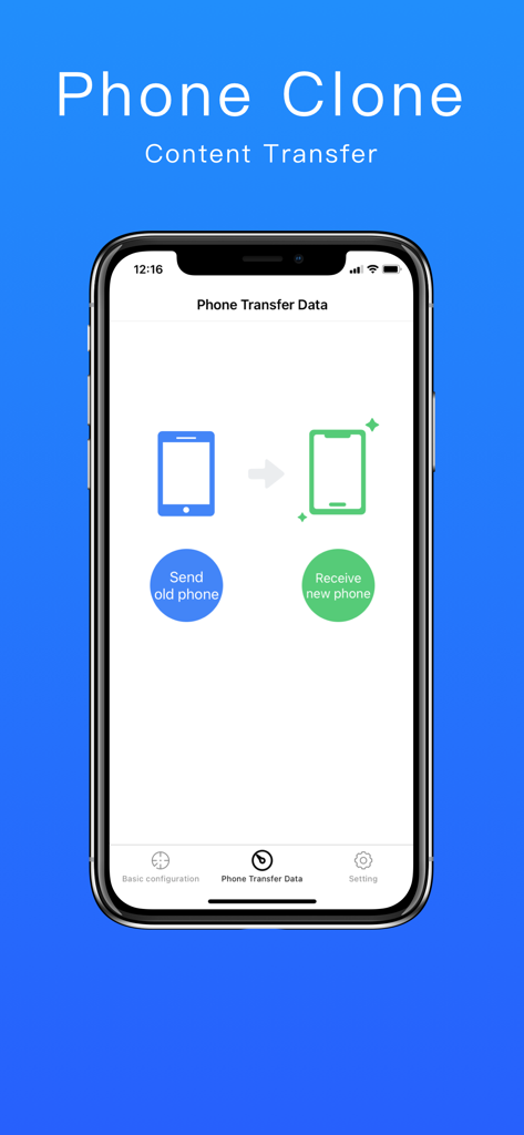 Tela do aplicativo Phone Clone mostrando botões para enviar dados de um telefone antigo e recebê-los em um novo telefone