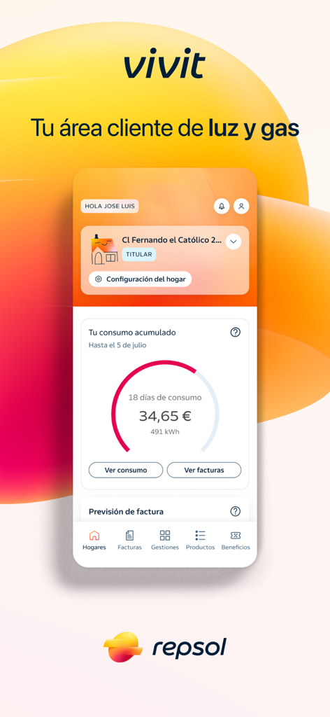 Repsol Vivit - Pantalla de inicio de la aplicación Repsol Vivit que muestra el consumo de energía acumulado en euros y opciones de gestión de servicios públicos.