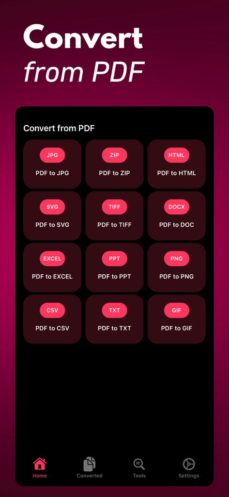 Mobile app interface displaying options to convert PDF files into various formats like JPG Word and Excel