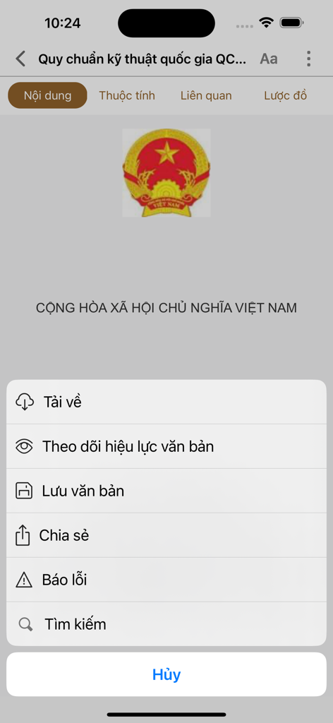 Menú de acciones de documentos en la aplicación móvil Vietnam Law