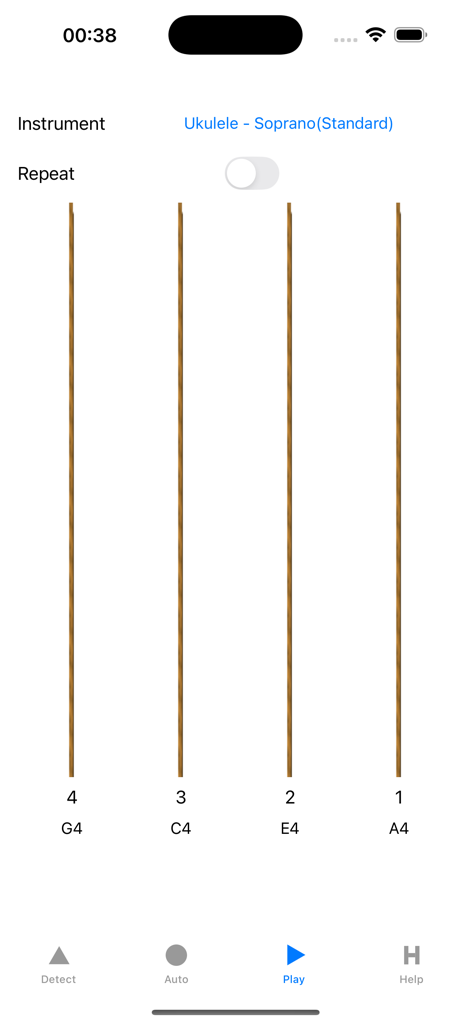 Interfaccia dell'accordatore per ukulele soprano che visualizza quattro corde verticali con le note Sol4, Do4, Mi4 e La4.