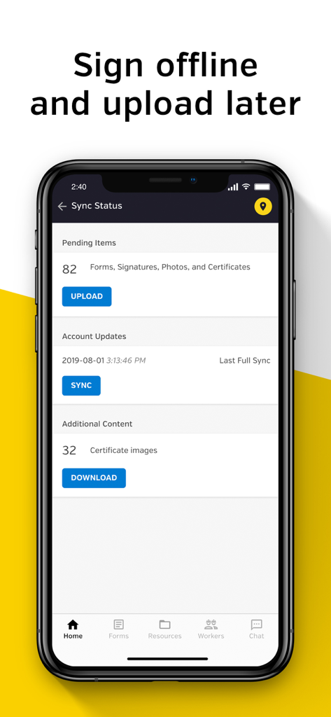 SiteDocs mobile app showing sync status screen with pending uploads and offline capabilities