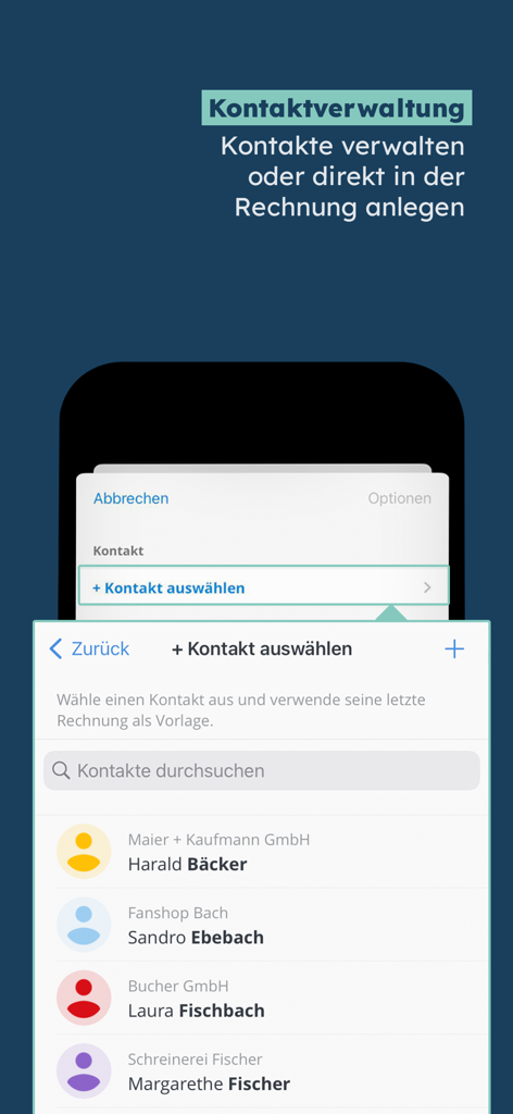 sevDesk - Capture d'écran de l'application mobile sevDesk affichant une liste consultable de contacts professionnels pour faciliter la création de factures.