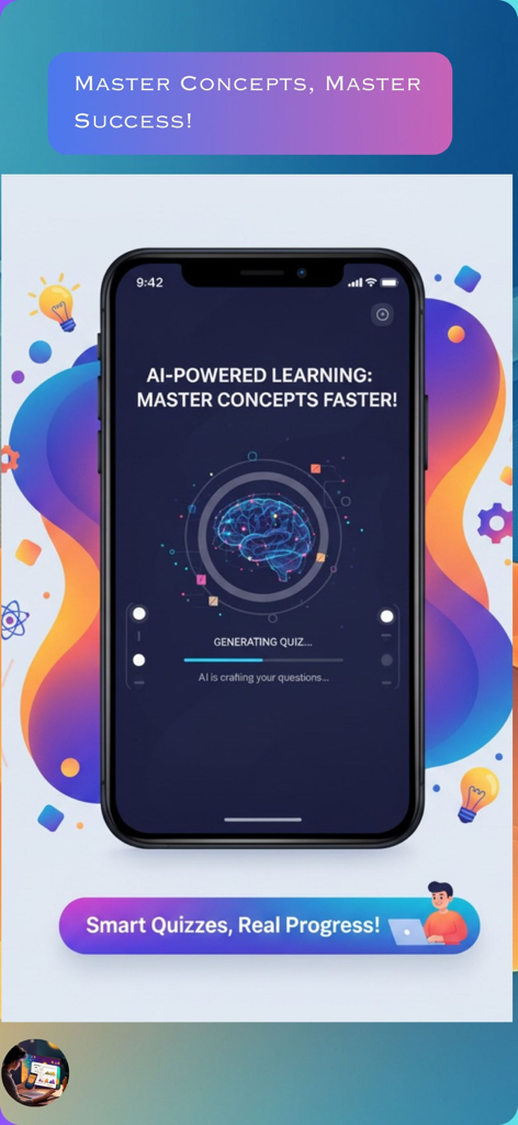 AI Quiz Maker: Flashcards - Pantalla de la aplicación AI Quiz Maker mostrando la generación de cuestionarios con el lema Domina Conceptos Domina el Éxito