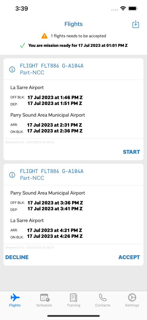 myairops crew app flights screen showing flight details and mission acceptance buttons