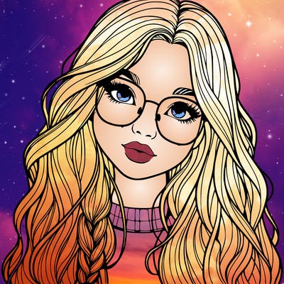 girl with long hair and freckles and glasses realistic