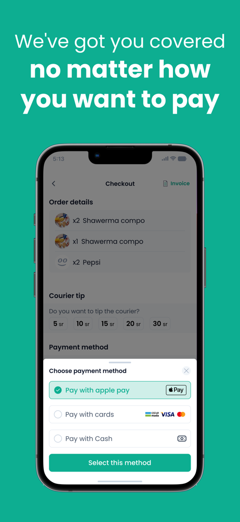 Mr Mandoob | Anything Delivery - Tela de checkout do aplicativo Mr Mandoob mostrando detalhes do pedido de comida e opções de pagamento como Apple Pay, cartões de crédito e dinheiro