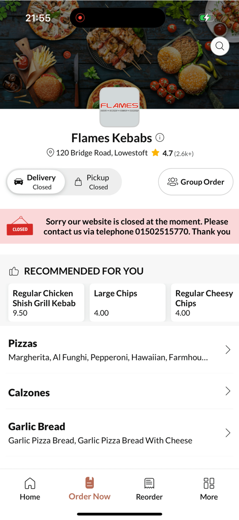 Flames Kebabs - Flames Kebabs mobile app home screen showing recommended menu items and food categories