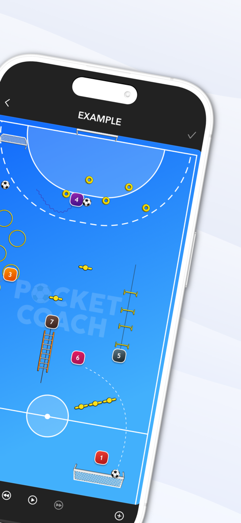 Digital futsal tactics board on a smartphone showing player positions and training drills