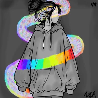 realistic girl with a oversized sweatshirt on and a bun