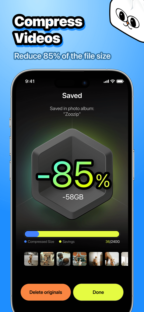 Oberfläche der ZooZip App zeigt ein Videokomprimierungsergebnis, das die Dateigröße um fünfundachtzig Prozent reduzierte und achtundfünfzig Gigabyte Speicherplatz sparte