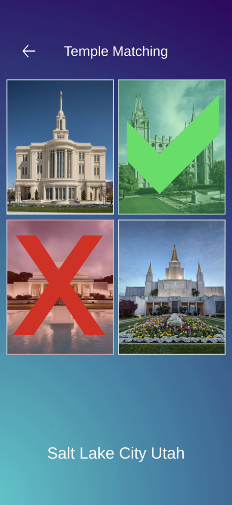 A temple matching game screen from the LDS Quiet Games app featuring photos of temples with correct and incorrect indicators for Salt Lake City Utah