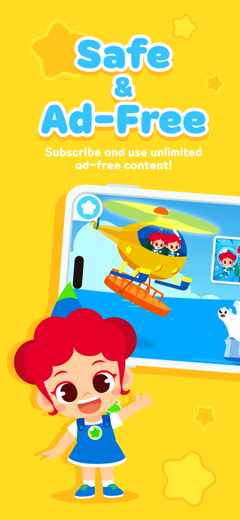 JunyTony - Learning & Games! - Personaje de dibujos animados de JunyTony con texto promocionando una suscripción educativa segura y sin publicidad para niños.